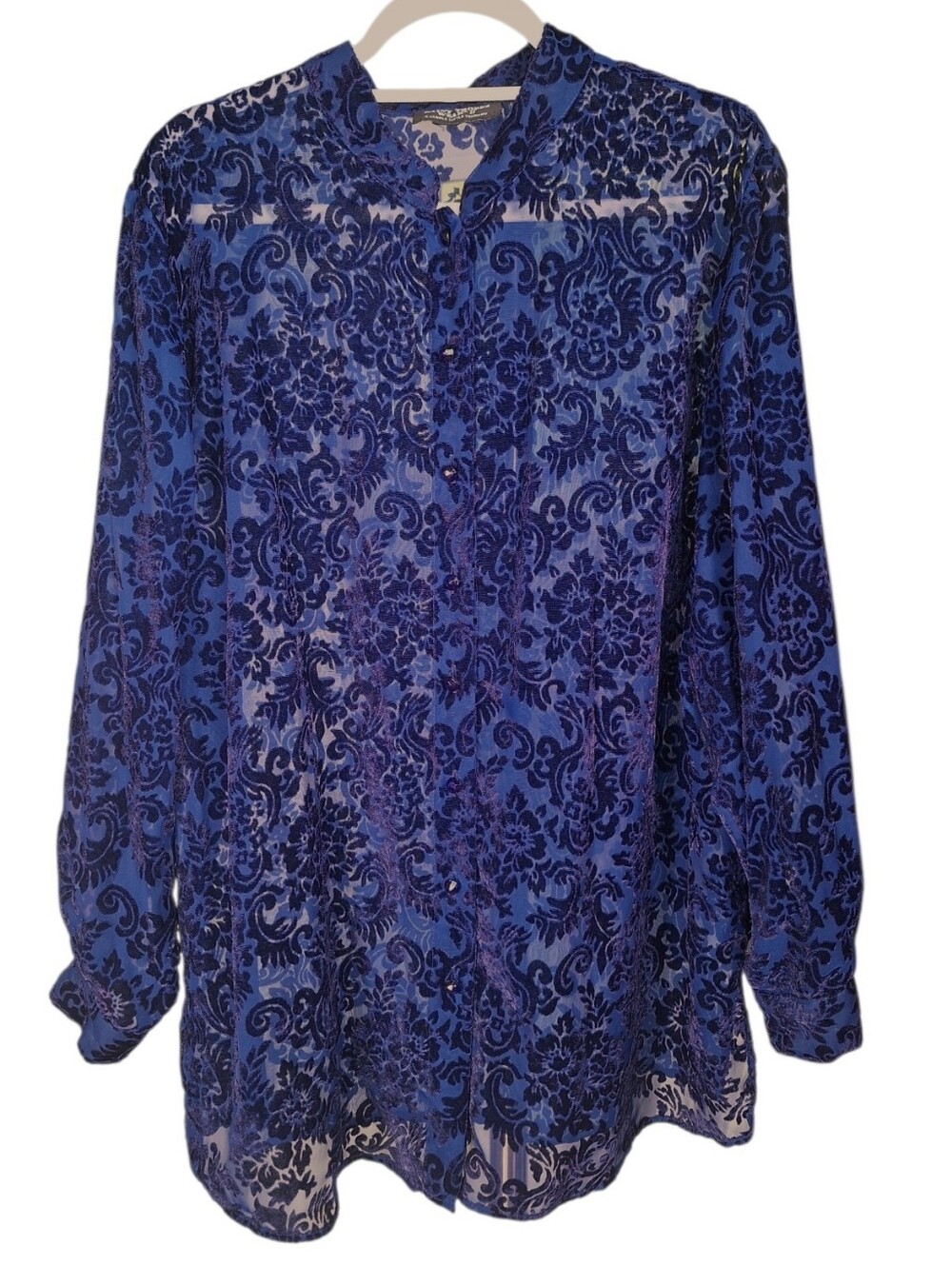 Vintage 80s 90s Womens Plus Size 2XL Velvet Burnout Long Sleeve Button Up Top